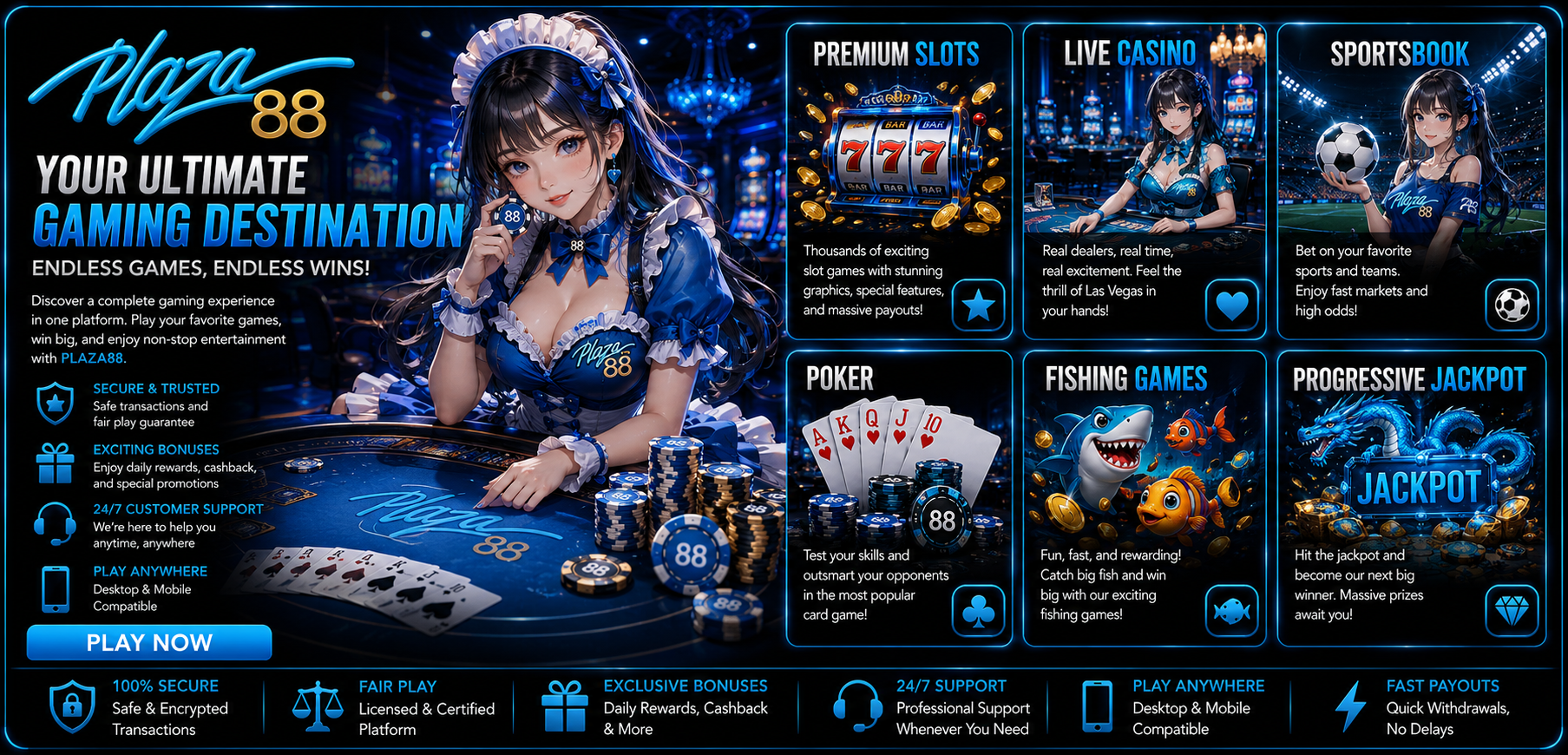 Plaza88 Games - Play Premium Slots, Live Casino, Sportsbook, Poker, Fishing Games & Progressive Jackpot Online